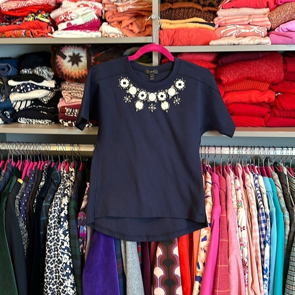 J Crew XXS navy with white and crystal embellishments short sleeved t shirt